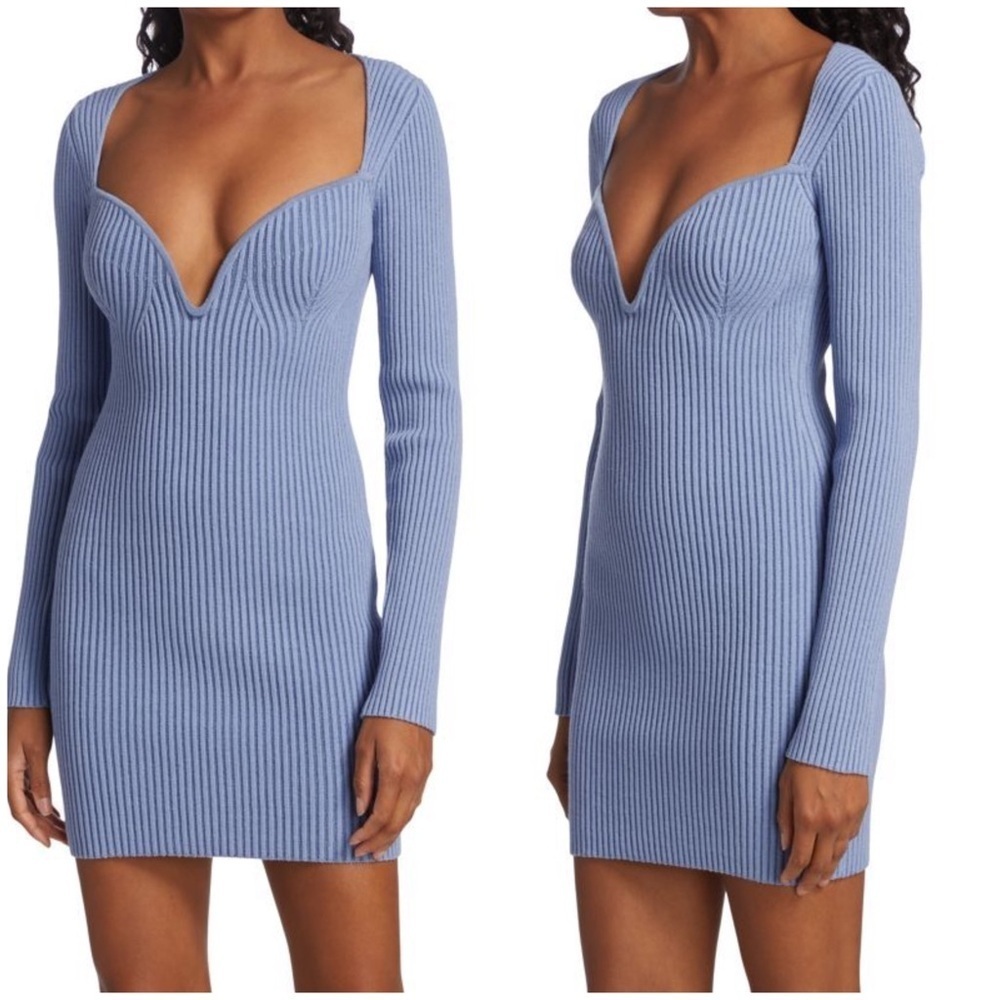GAUGE81 Mija Ribbed Merino Wool Blend Body con Mini Dress in Cornflower Blue💜 XS